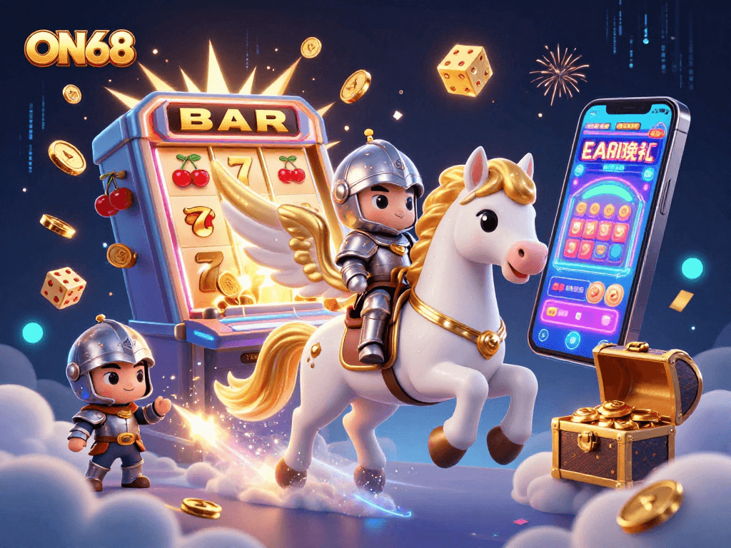 Experience the excitement of ON68 with a 3D illustration of a golden-winged horse, jackpots, and casino games.