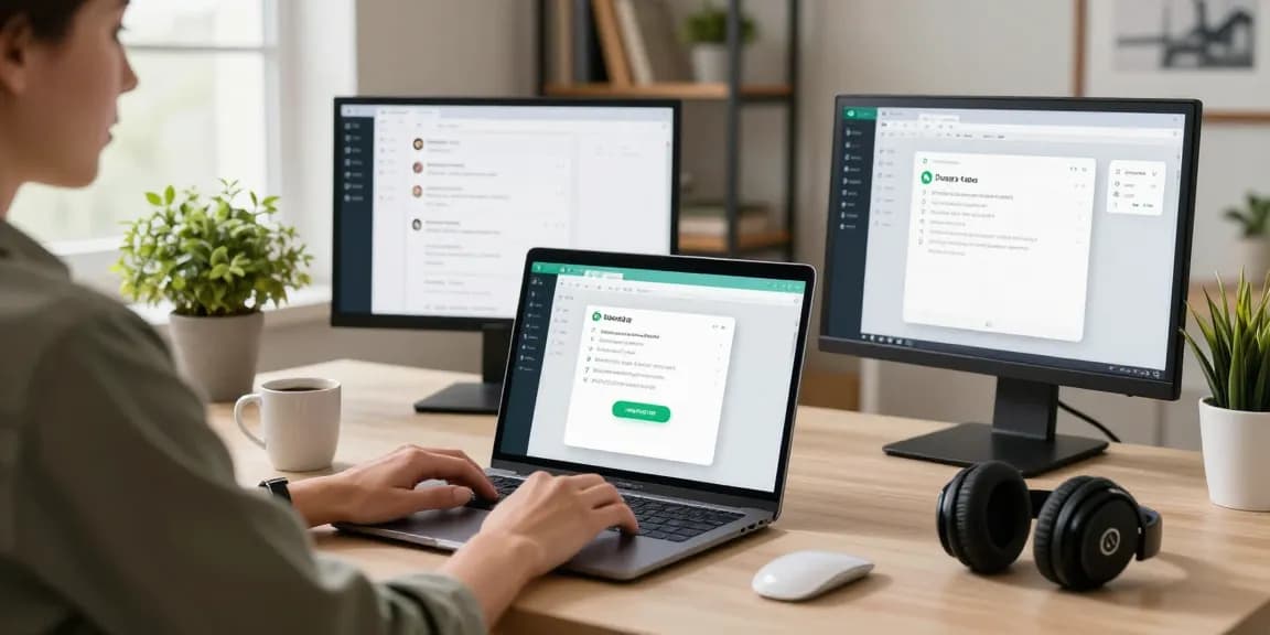 Using WhatsApp電腦版 in a stylish home office with laptop, coffee, and plants.