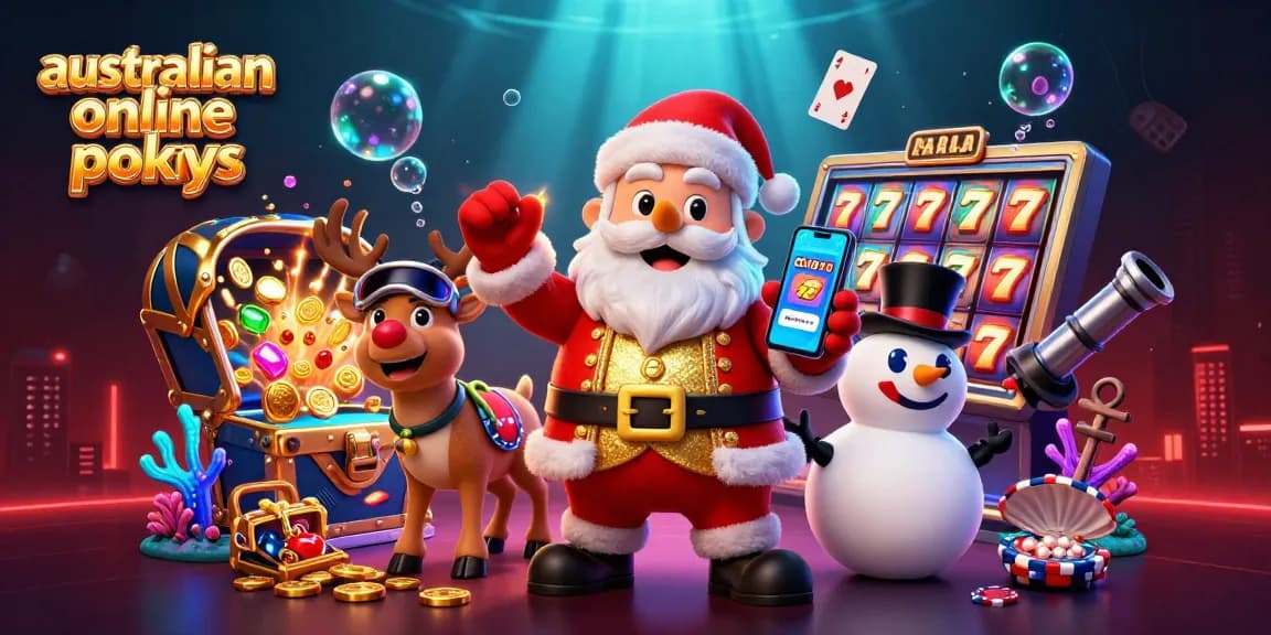 Engaging illustration celebrating australian online pokies with a festive Santa and dynamic jackpot elements.
