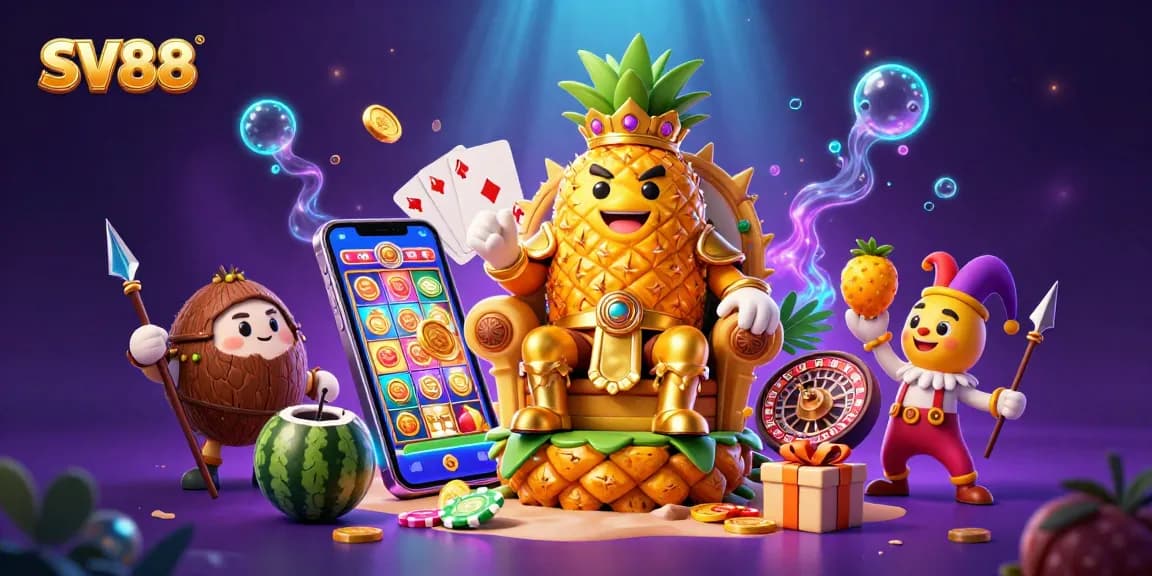 Experience SV88's vibrant beach casino scene with engaging cartoon characters and slot action.