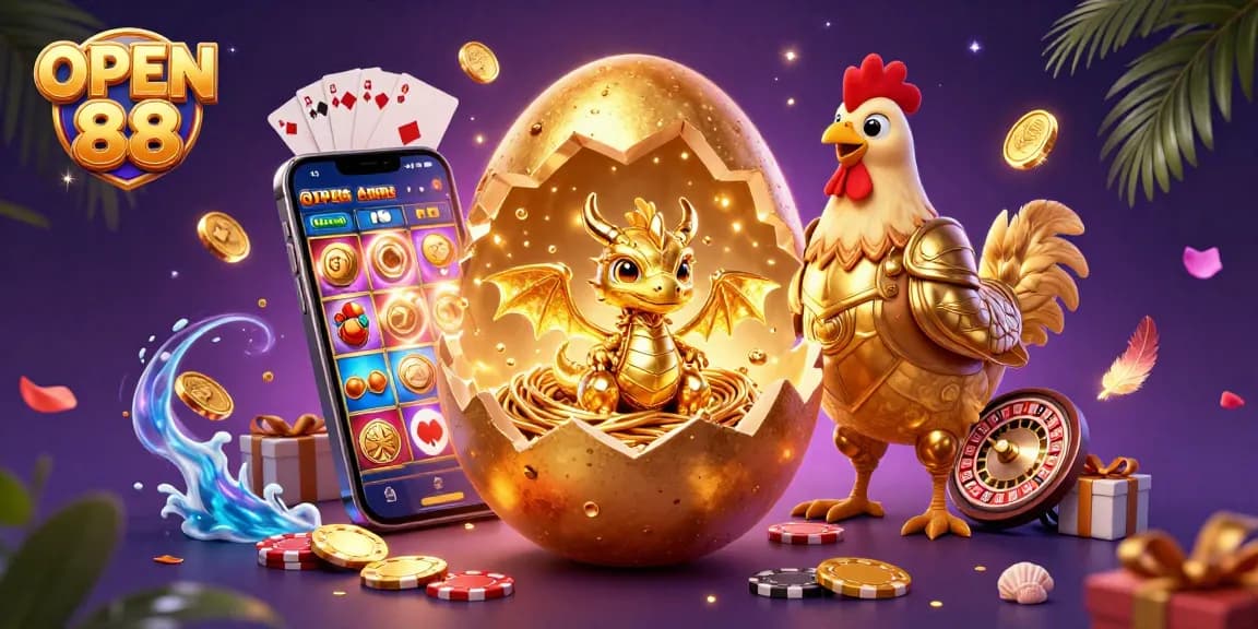 Engage with OPEN 88 as a golden dragon emerges on a nest of poker chips amidst vibrant casino elements.