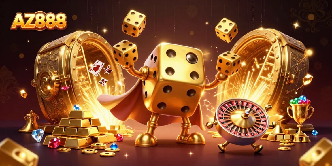 AZ888's vibrant casino scene features animated dice, treasures, and gaming excitement.