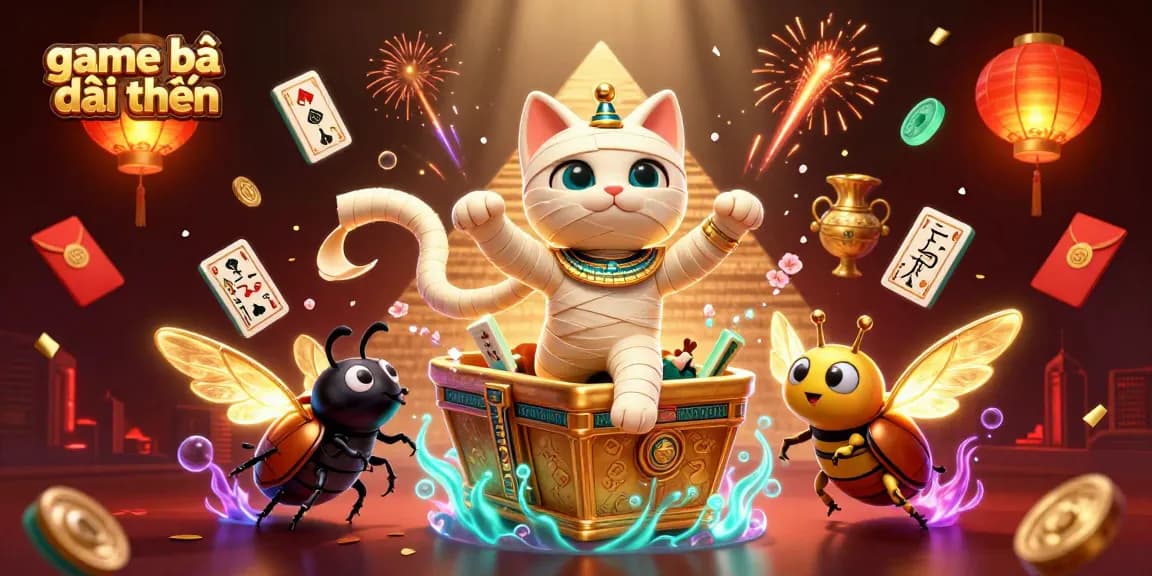 Engage in thrilling game bài đổi thưởng as the Egyptian mummy cat emerges in a vibrant pyramid casino.