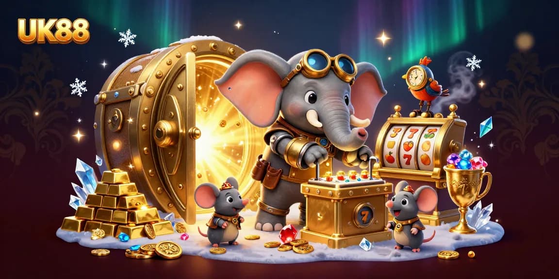 Spin the golden slot machine with UK88's steampunk elephant amidst riches and vibrant casino elements.