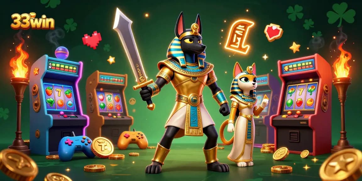 Engage with 33win in vibrant casino-themed illustration featuring Anubis and Bastet amidst dynamic gaming elements.