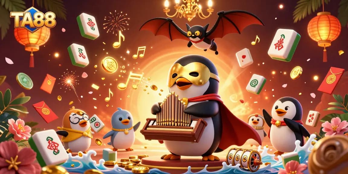 Experience the excitement of TA88 as the penguin plays amid gold coins and vibrant casino elements.