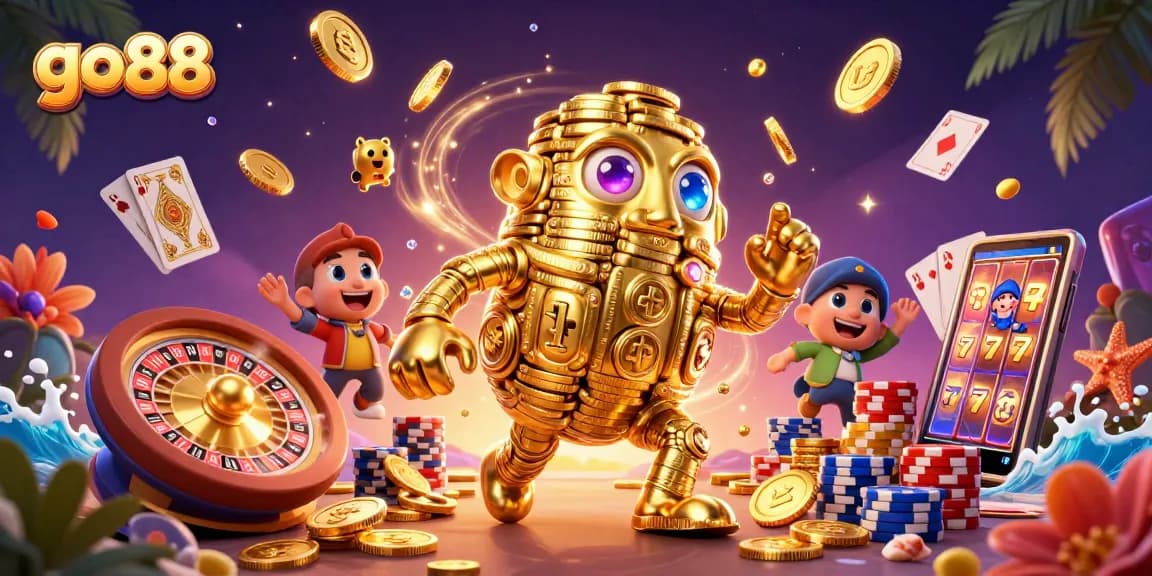 Experience go 88 wins with golden golem amidst cascading coins and vibrant casino elements.