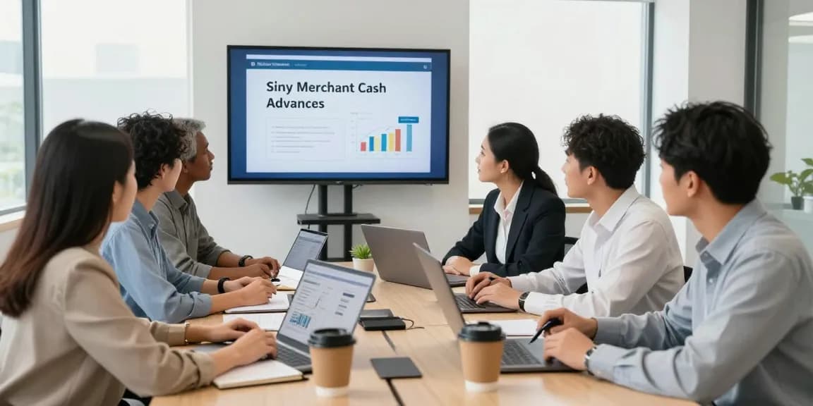 Team discussing same day merchant cash advance strategies in a modern office.