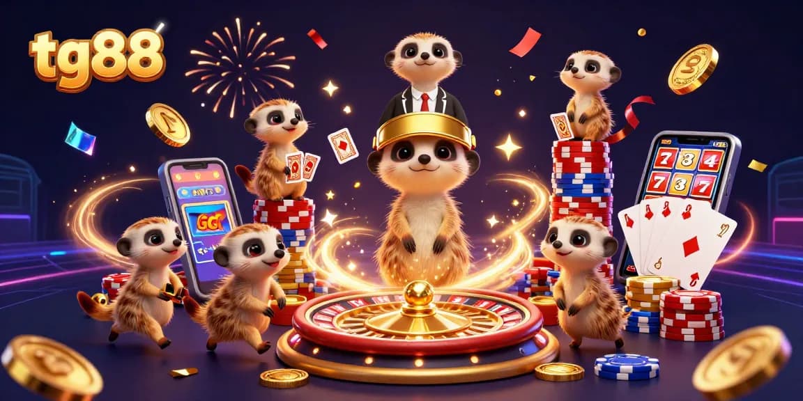 Experience the thrill of tg88 with playful meerkats managing a vibrant casino scene.