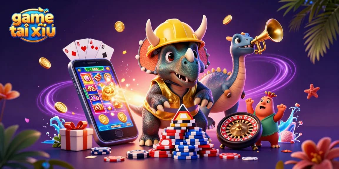 Engage in game tài xỉu with vibrant visuals of characters celebrating wins amidst casino elements.