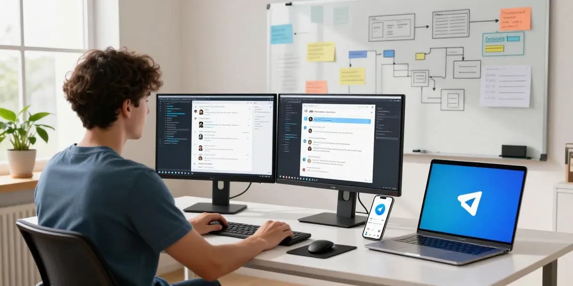 Download Telegram app showcased on a developer's desk with modern tech setup