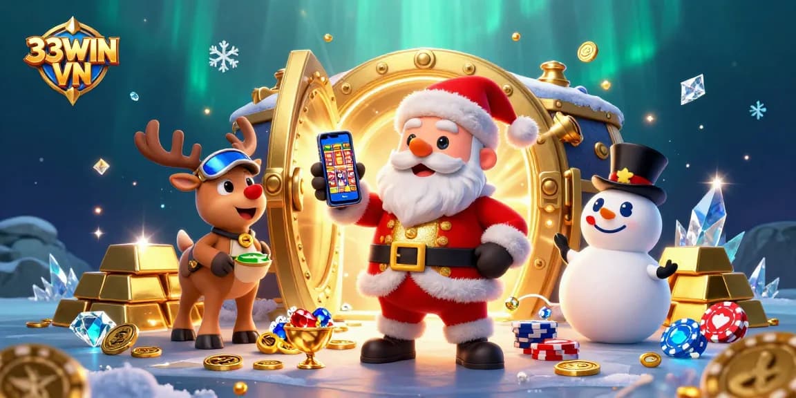Experience excitement at 33WIN VN with Santa and friends celebrating jackpot slots.
