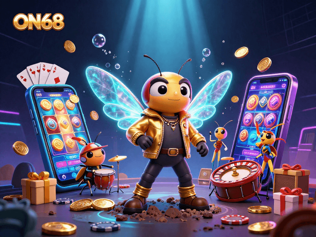 Experience ON68 with exciting slots and vibrant casino action in a dynamic illustration.