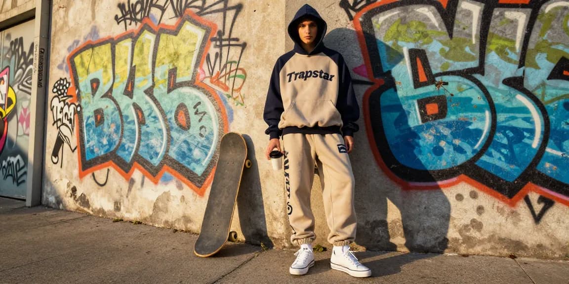 Trapstar Tuta indossata da una persona in un contesto urbano vivace con graffiti, il look streetwear contemporaneo è messo in risalto.