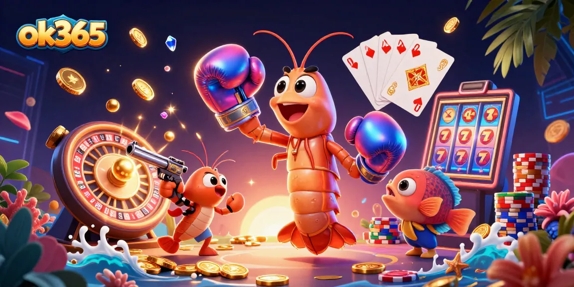 Experience the excitement of ok365 with a vibrant 3D casino scene featuring dynamic characters and gaming elements.