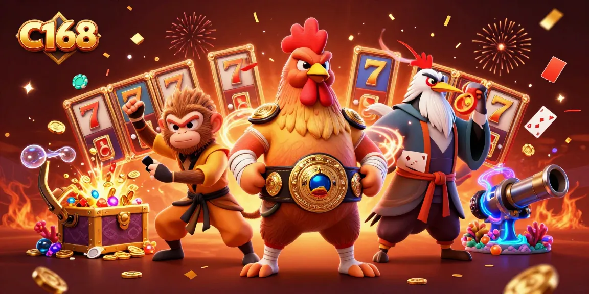 Engage with C168's vibrant casino atmosphere featuring dynamic characters in a gaming paradise.
