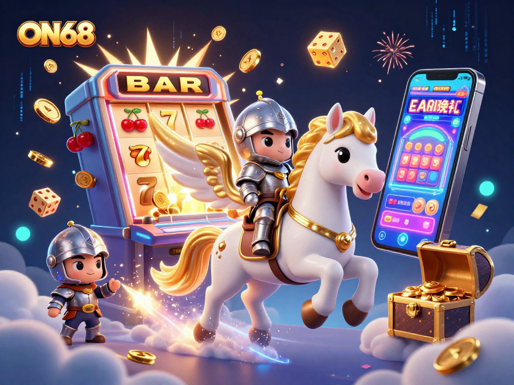Experience the excitement of ON68 with a 3D illustration of a golden-winged horse, jackpots, and casino games.