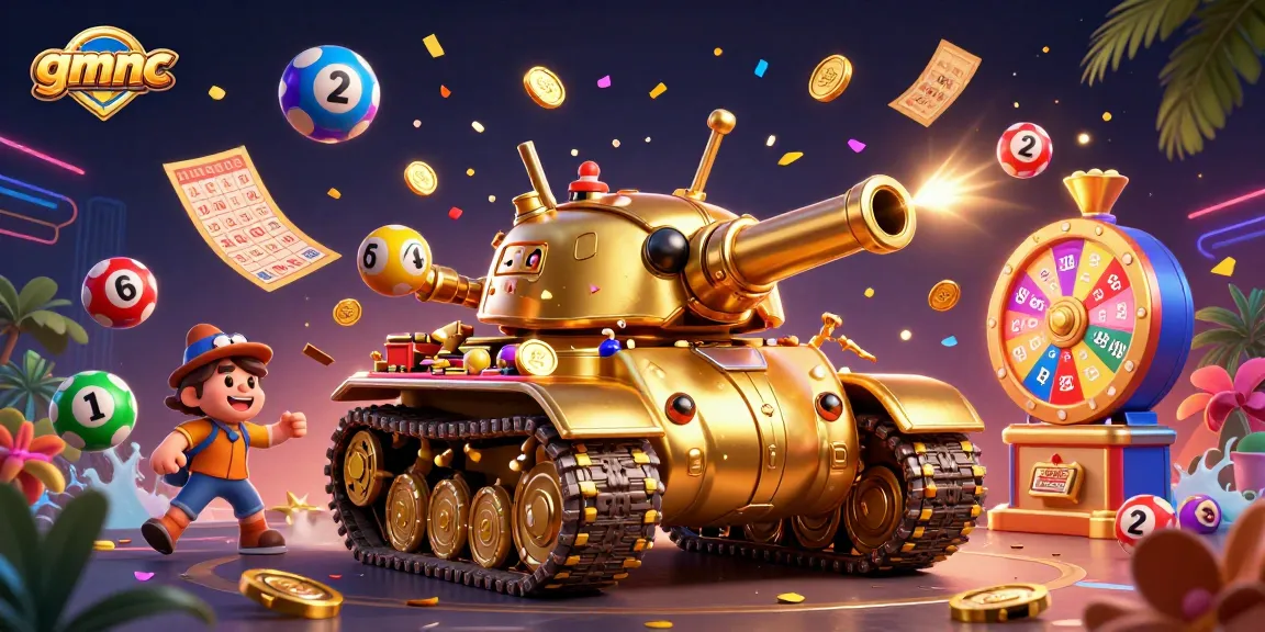 Engage with gmnc's thrilling casino adventure featuring a golden beetle tank and vibrant lottery elements.