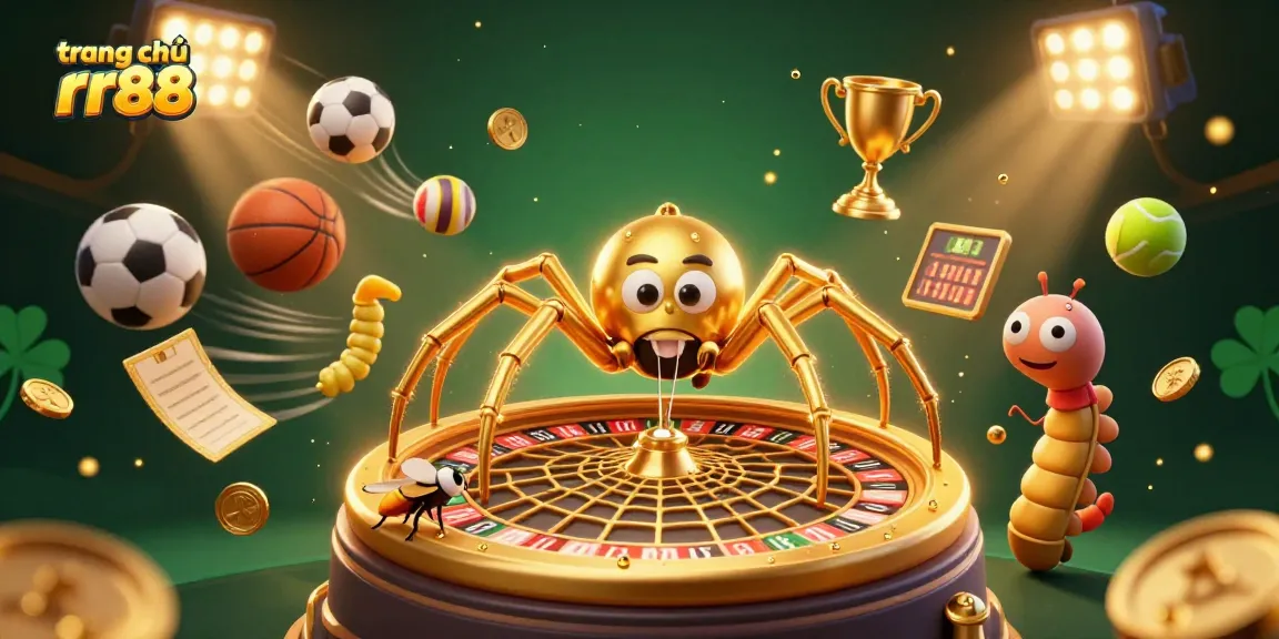 Experience thrill at trang chủ rr88 with a dynamic scene showcasing a golden spider and a friendly fly, surrounded by vibrant sports betting elements.