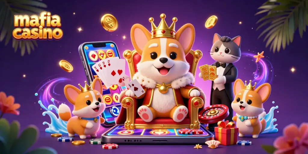 Mafia casino offers an engaging scene with a royal corgi and gaming elements, showcasing excitement in slots.