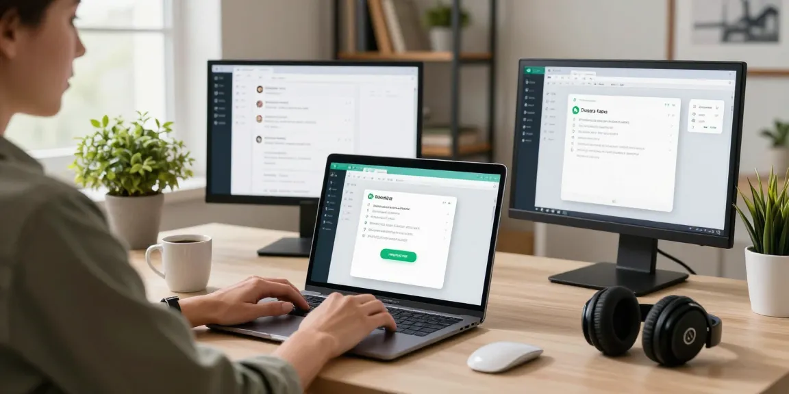 Using WhatsApp電腦版 in a stylish home office with laptop, coffee, and plants.