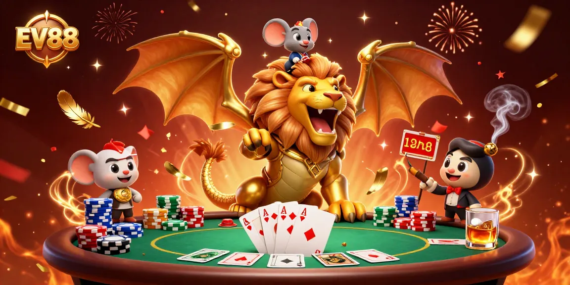 Experience the thrill of EV88 with a dynamic casino scene featuring a chimera creature, diverse poker elements, and vibrant celebrations.
