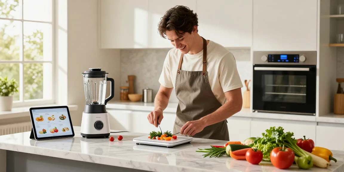 Home cook using smart kitchen gadgets like a connected scale and blender for efficient meal preparation.