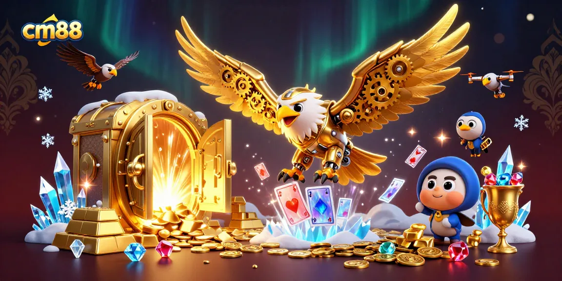 Experience dynamic betting actions at cm88 with a cybernetic eagle amidst sparkling treasures.