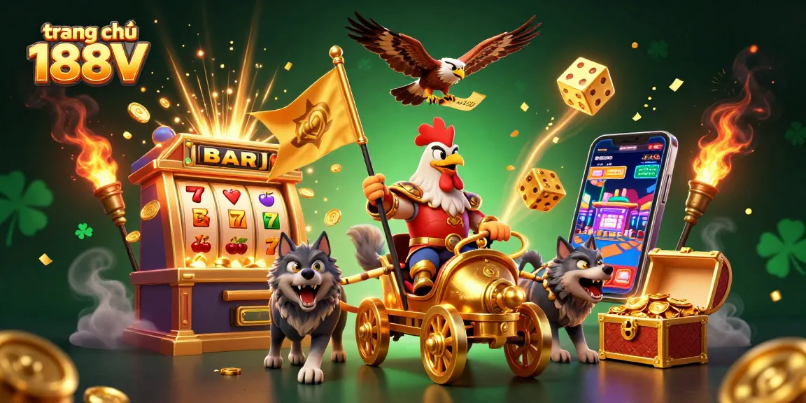 Experience dynamic gambling action at trang chủ 188V with a thrilling 3D illustration showcasing a rooster warlord, jackpot slots, and golden treasures.
