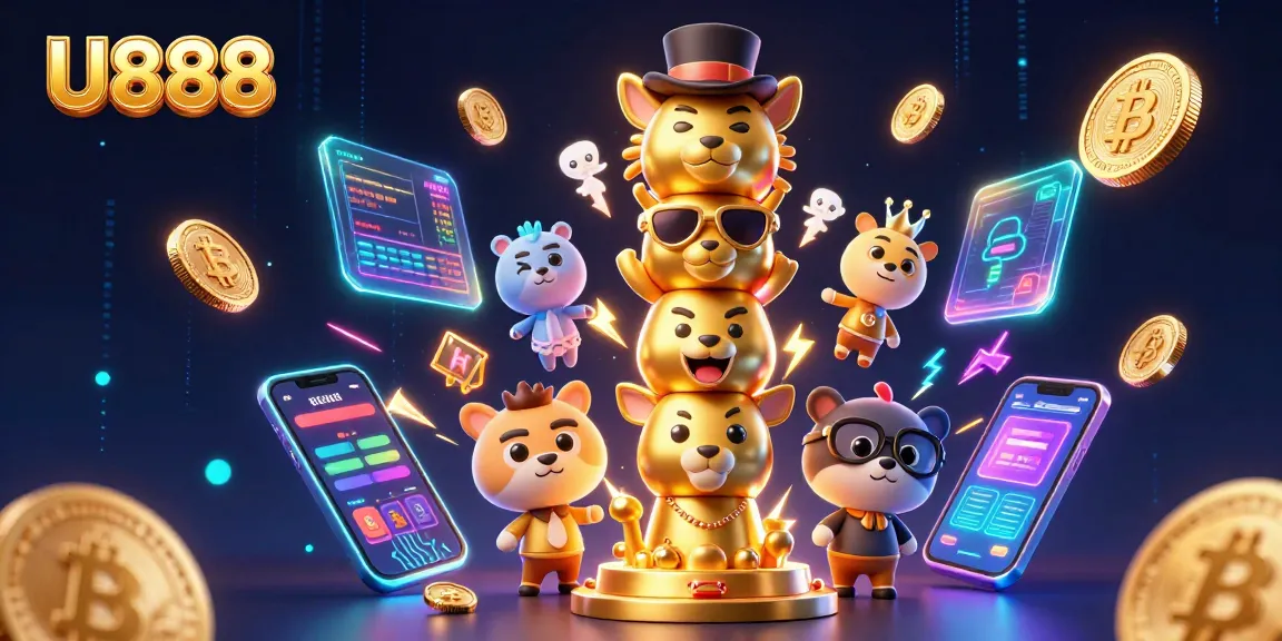 Engage in exciting gaming experiences at U888 with vibrant crypto and casino-themed visuals.