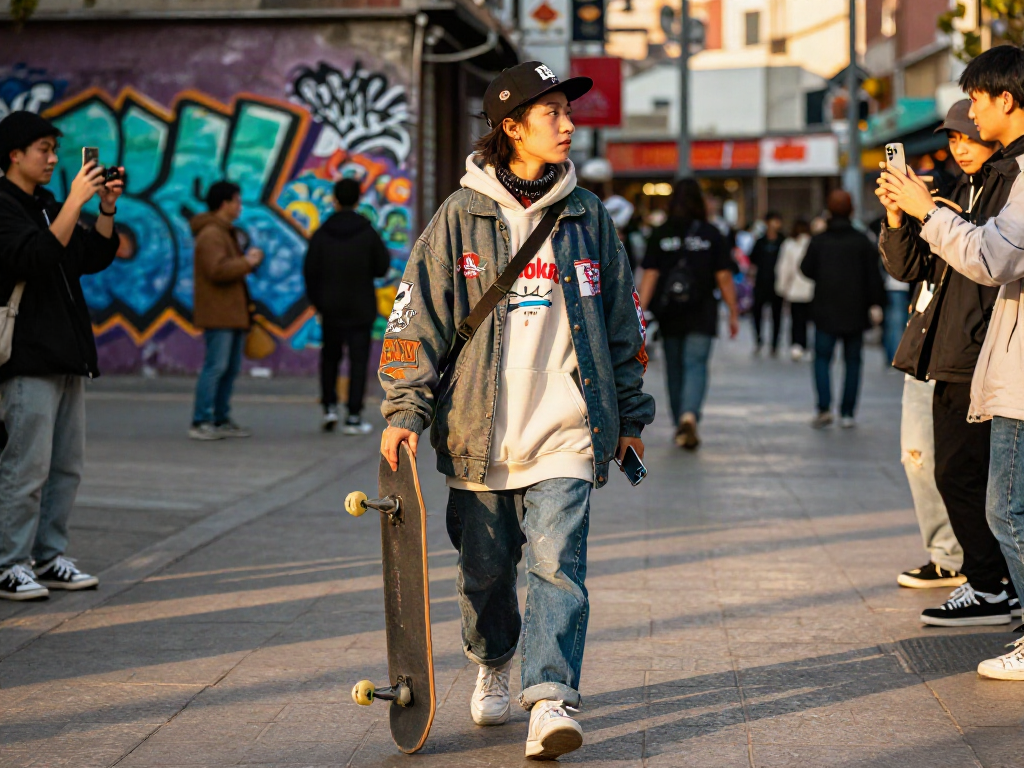 Youth in street fashion with skateboard and smartphone in urban scene, highlighting rokok88 lifestyle.