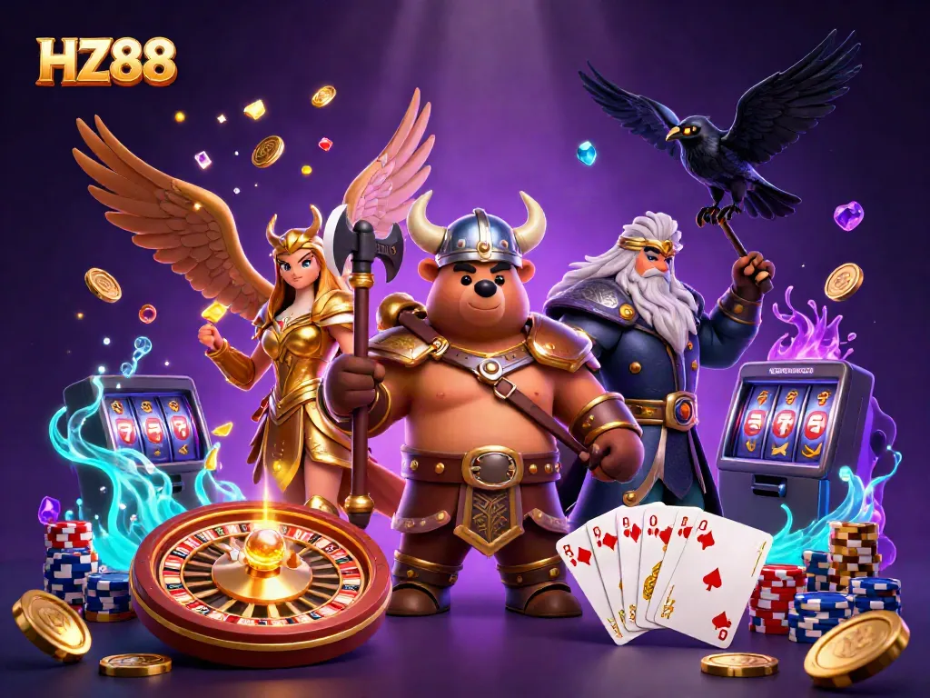 Experience the thrill of gaming with HZ88's vibrant 3D illustration showcasing casino excitement.