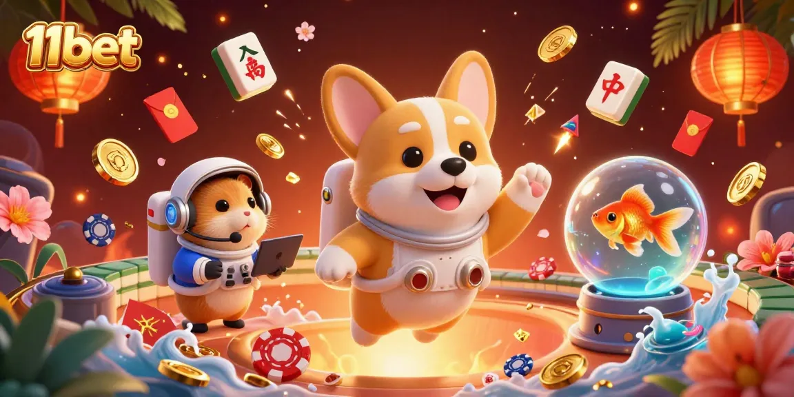 Engage with 11bet through this vibrant scene featuring an astronaut corgi in a dynamic space casino.