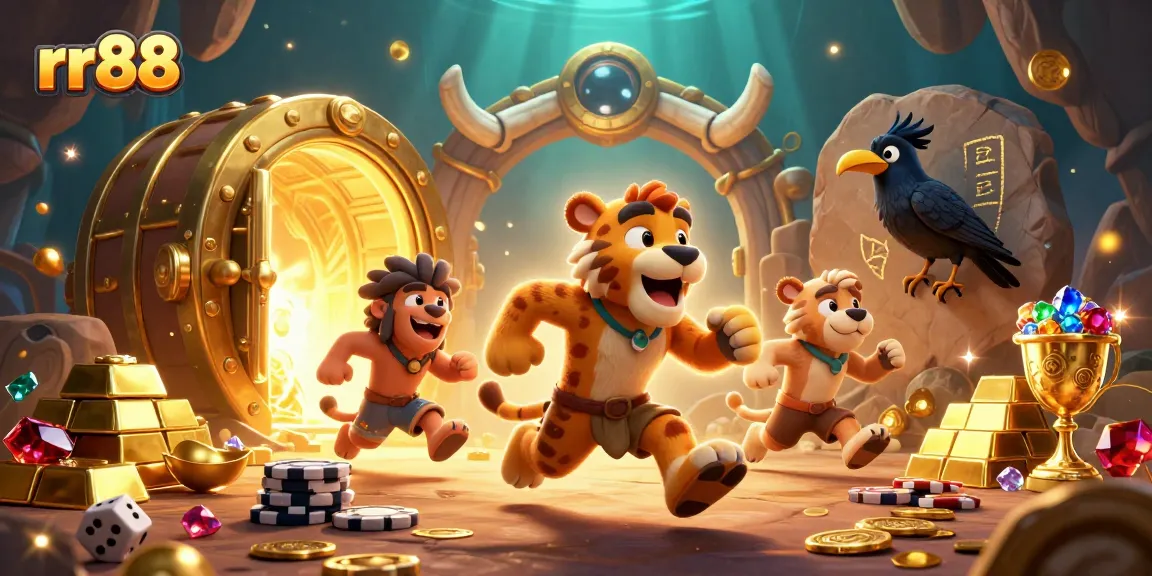 Watch the rr88 duo tackle casino games with excitement in a vibrant 3D illustration.
