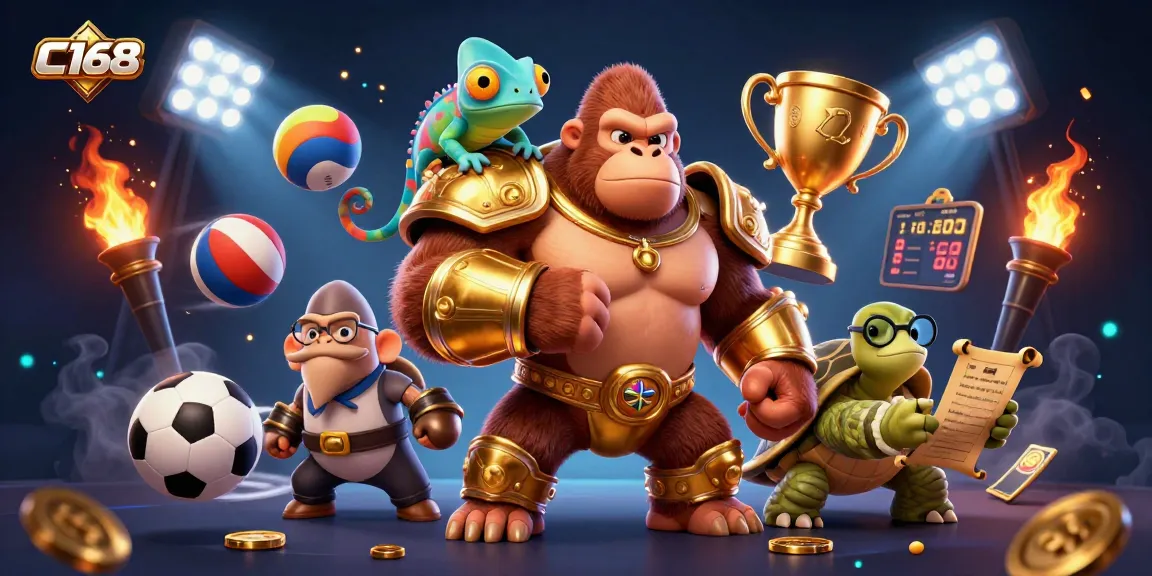 C168 illustrates sports betting excitement with a majestic gorilla and dynamic gaming elements in a vibrant atmosphere.