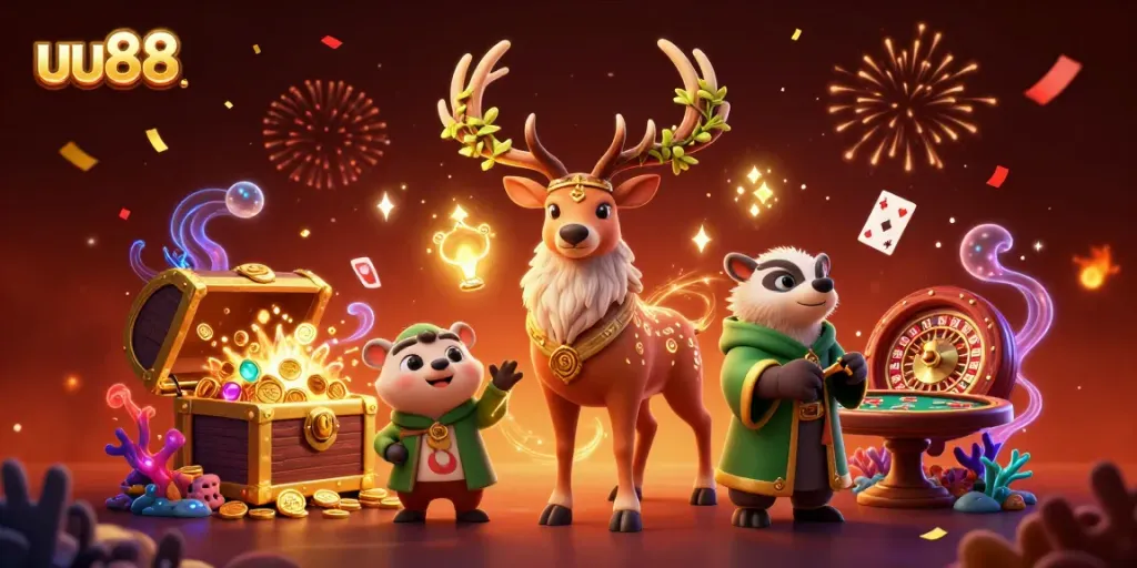 Experience the thrills of uu88 with festive casino elements and magical characters in a dynamic scene.