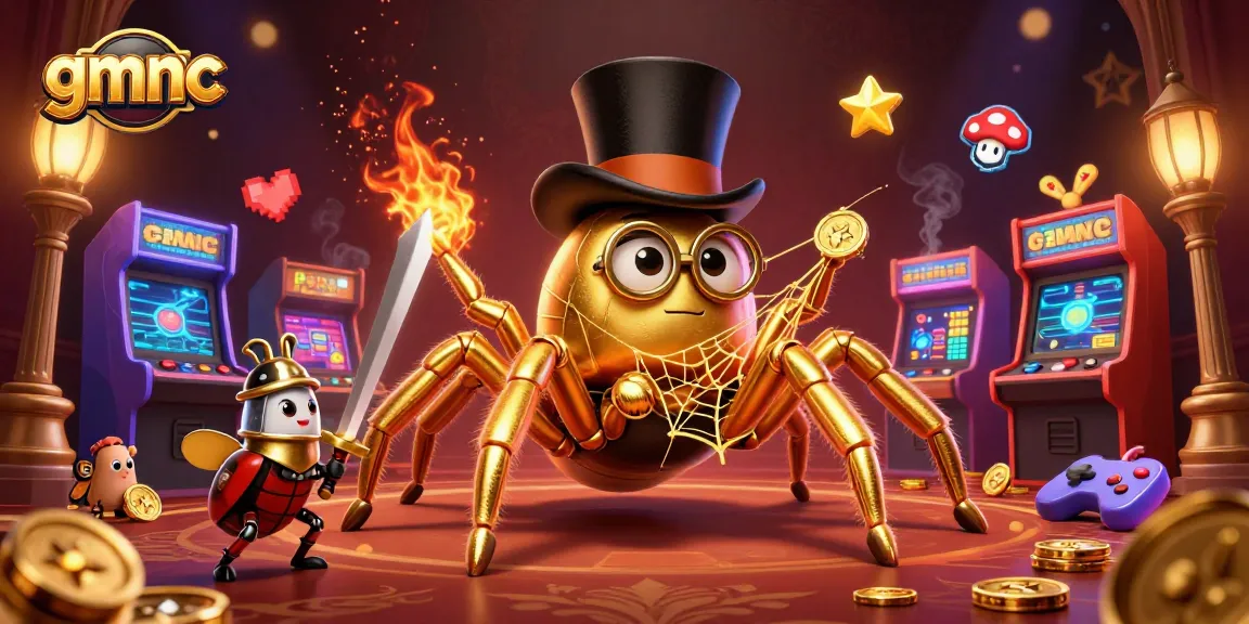 Engage with gmnc's captivating 3D golden tarantula and beetle knight amid glowing casino elements.