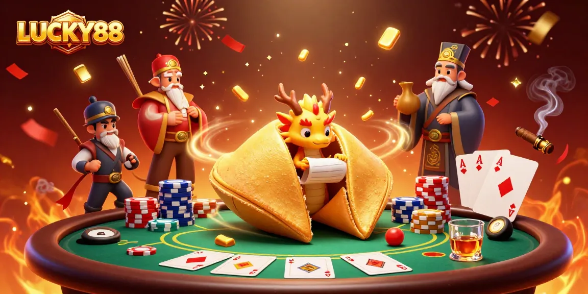 Engage with LUCKY88's vibrant casino scene featuring a golden fortune cookie and poker chips.