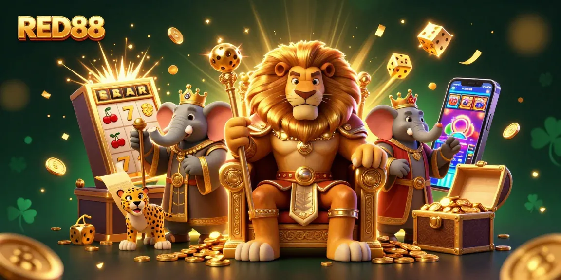 Experience the thrill of RED88 casino with dynamic 3D illustration of lucky characters and jackpot visuals.