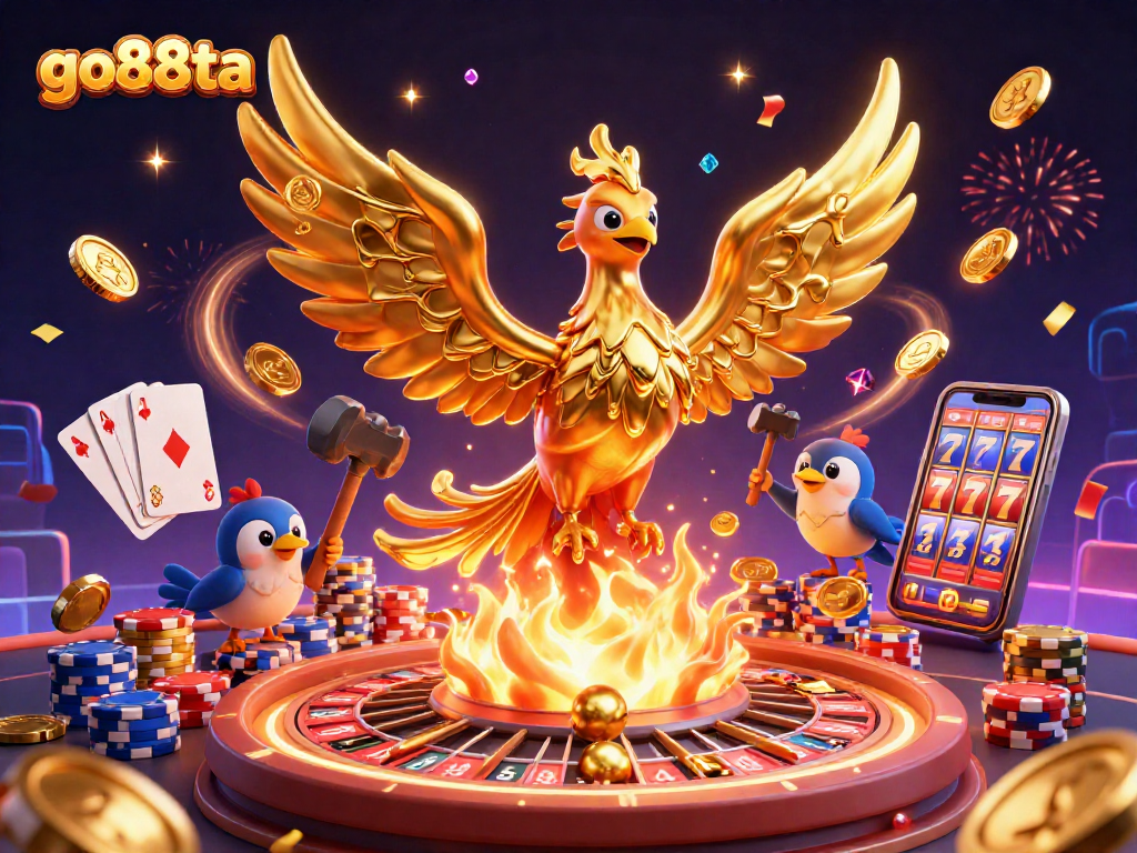 Experience the thrill at go88ta with molten gold phoenix and cascading coins in an exhilarating casino scene.
