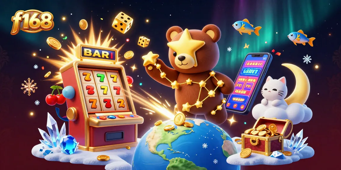 Experience the excitement of f168 with vibrant casino elements and golden stars illuminating your path to winnings.