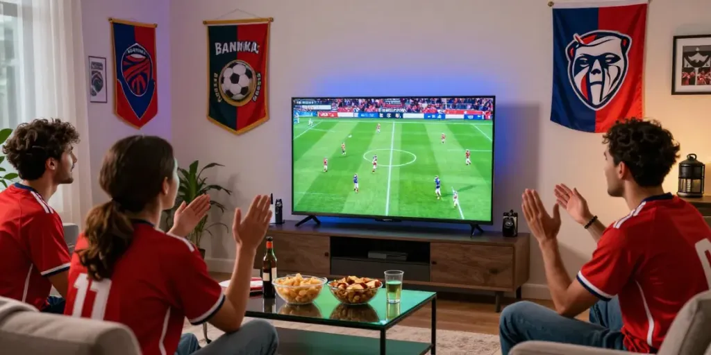 Excited sports fans enjoying thapcamtv football live streaming in a modern living room.