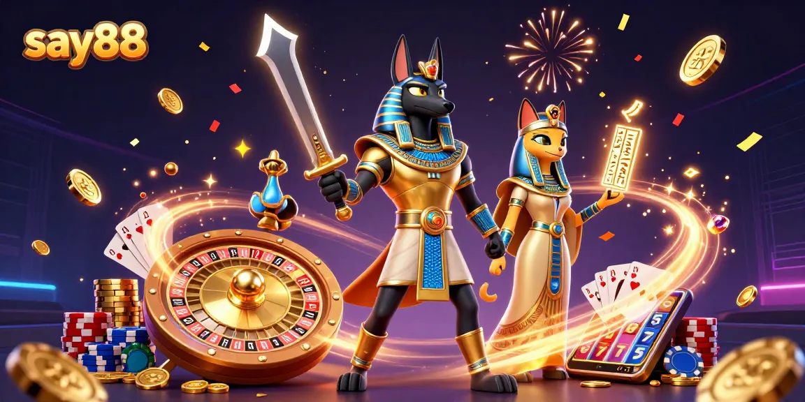 Experience thrilling casino adventures with say88 featuring a vibrant illustration of Anubis and Bastet amidst casino elements.