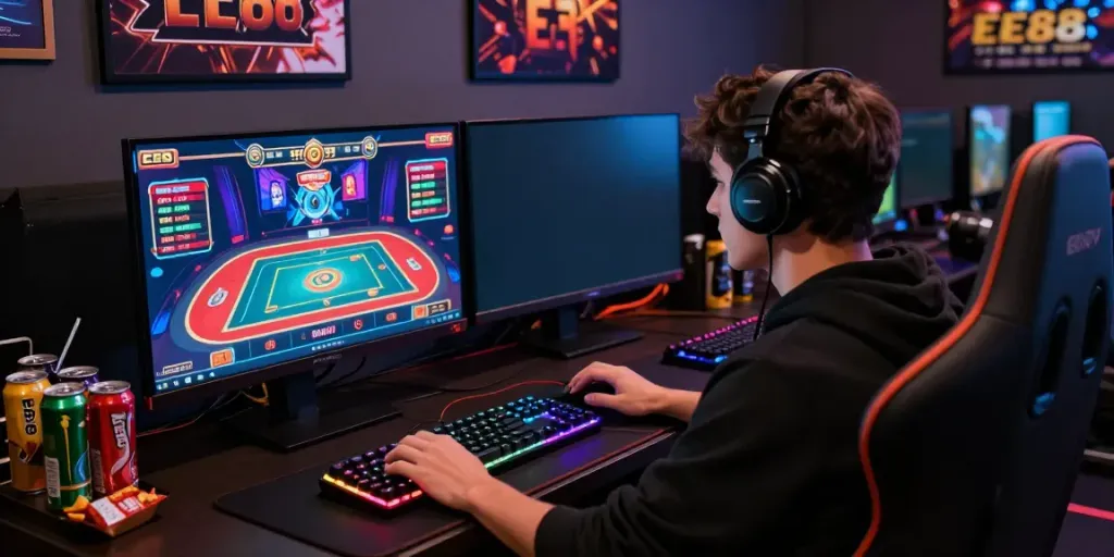 Engaged player at an EE88 gaming setup with vibrant graphics and gaming gear.