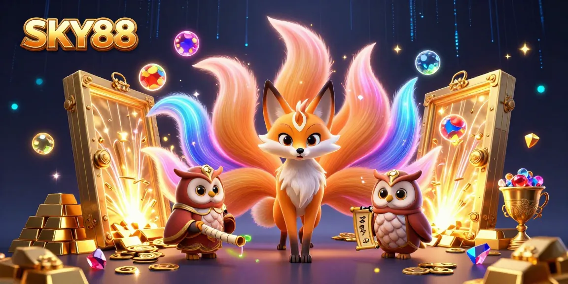 Win big with SKY88 in this magical casino scene filled with treasures and animated spirits.