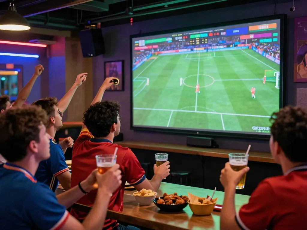 Football fans enjoying live matches while engaging in dynamic discussions at a lively sports bar, showcasing the excitement of cakhiatv.