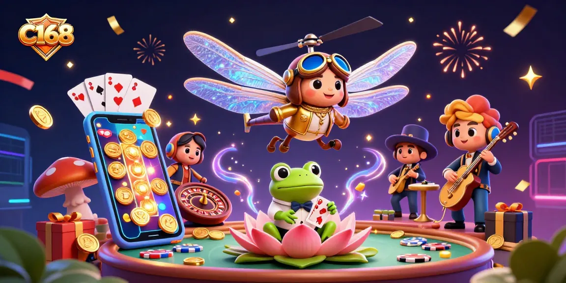 Spin and win at C168: Explore a vibrant casino scene with cards, coins, and more.