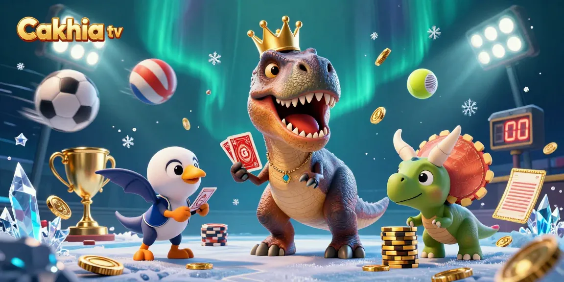 Engage with Cakhia tv's exciting slot action featuring a T-Rex card game scene with vibrant sports elements.