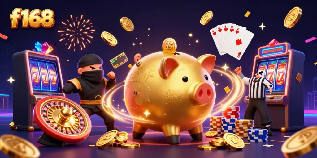 Engage with f168's casino excitement featuring a dynamic scene of a golden piggy bank sumo wrestler surrounded by stunning gaming elements.
