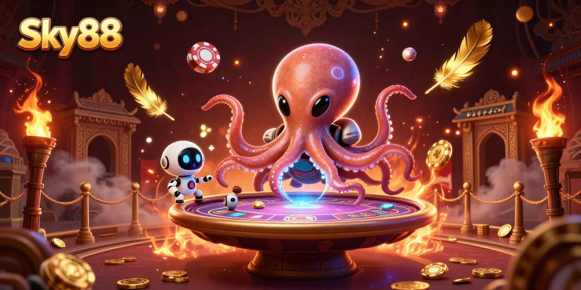 Engage with thrilling casino action at Sky88 featuring an octopus hosting a holographic poker table.